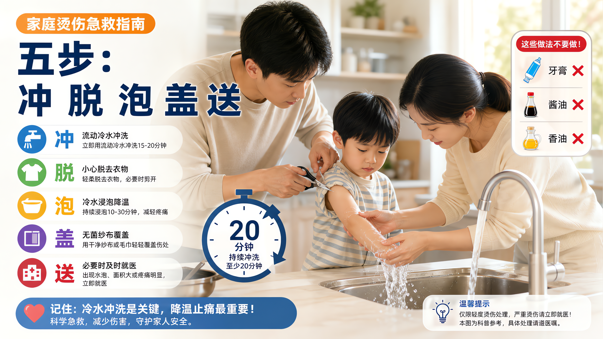 烫伤别抹牙膏：记住冲脱泡盖送，关键20分钟