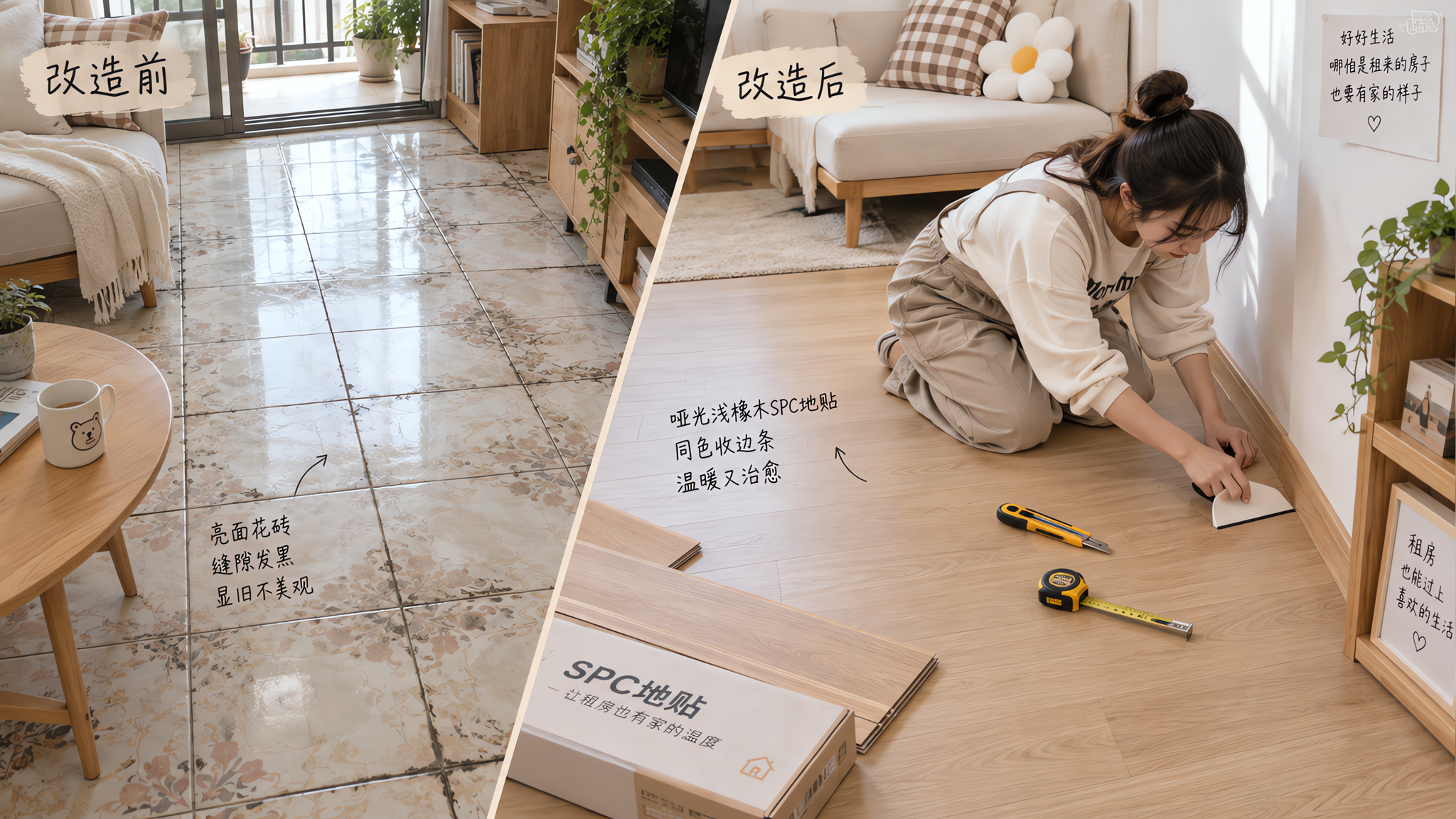 租房地砖又脏又丑？用SPC地贴+收边条，1天把底色救回来