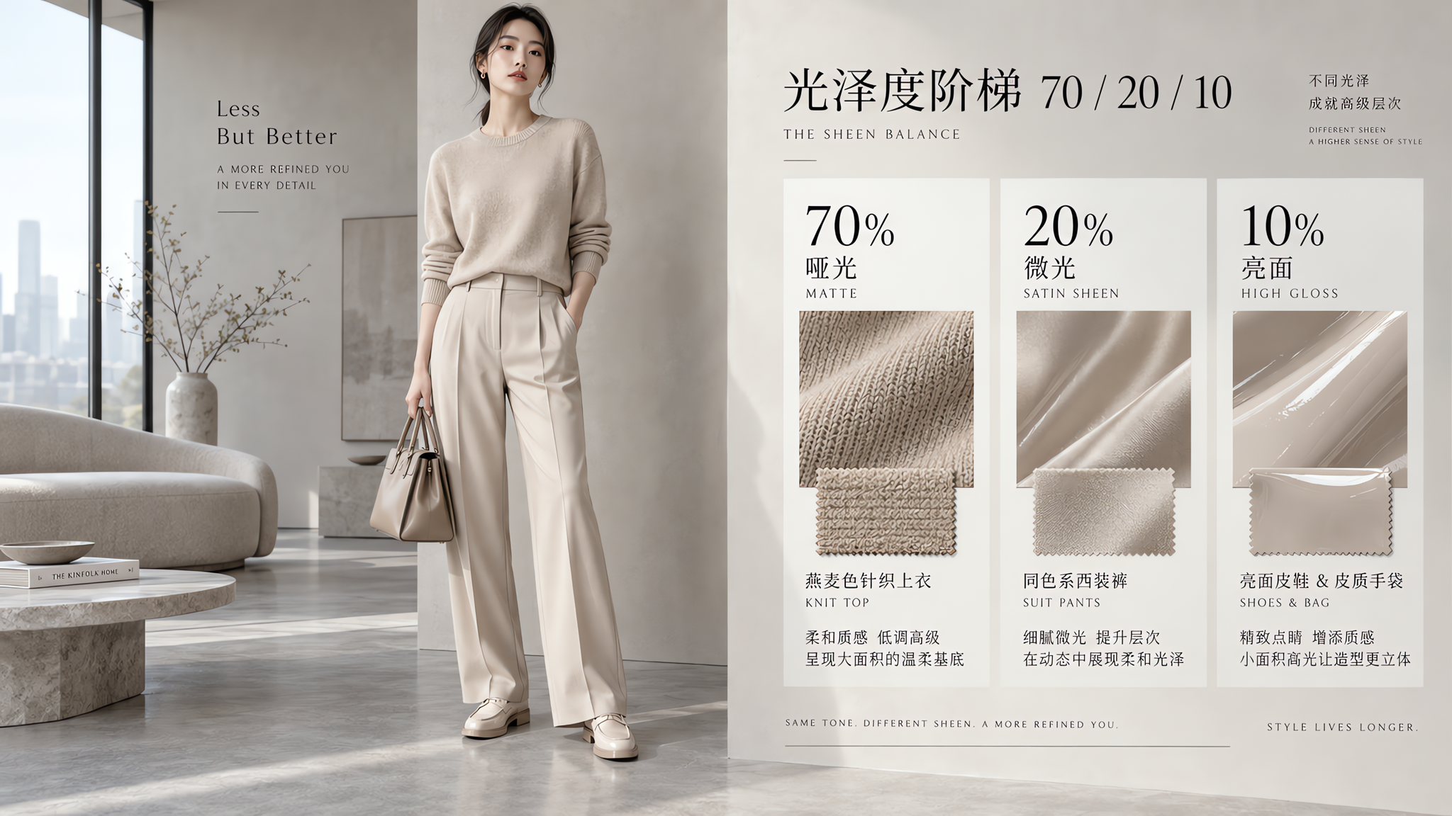 同色系穿搭像制服？用光泽70/20/10立刻有层次