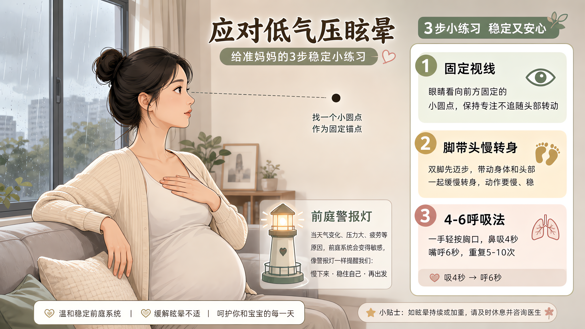 中国年轻孕妇在家中客厅的沙发旁，窗外阴雨低气压氛围，孕妇一手扶着沙发背、一手轻按胸口做4-6呼吸，视