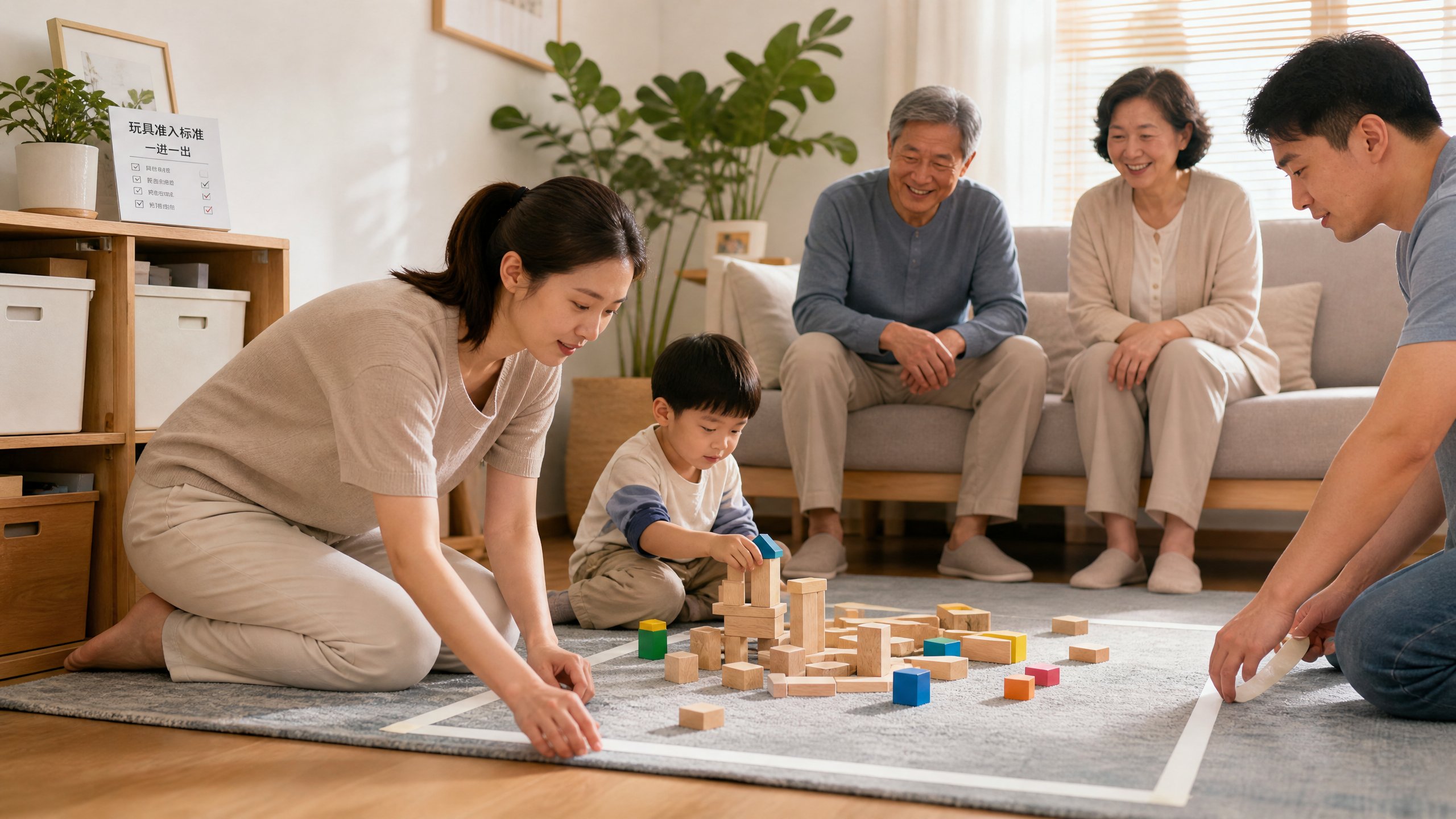 中国年轻妈妈在明亮整洁的家庭客厅里，和中国爸爸一起在地垫上用纸胶带划出“游戏保护区”边界，旁边有一张