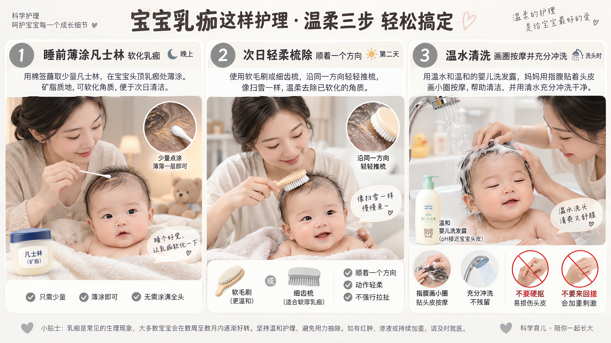 乳痂别抠别剃：一晚软化+单向梳除就够了