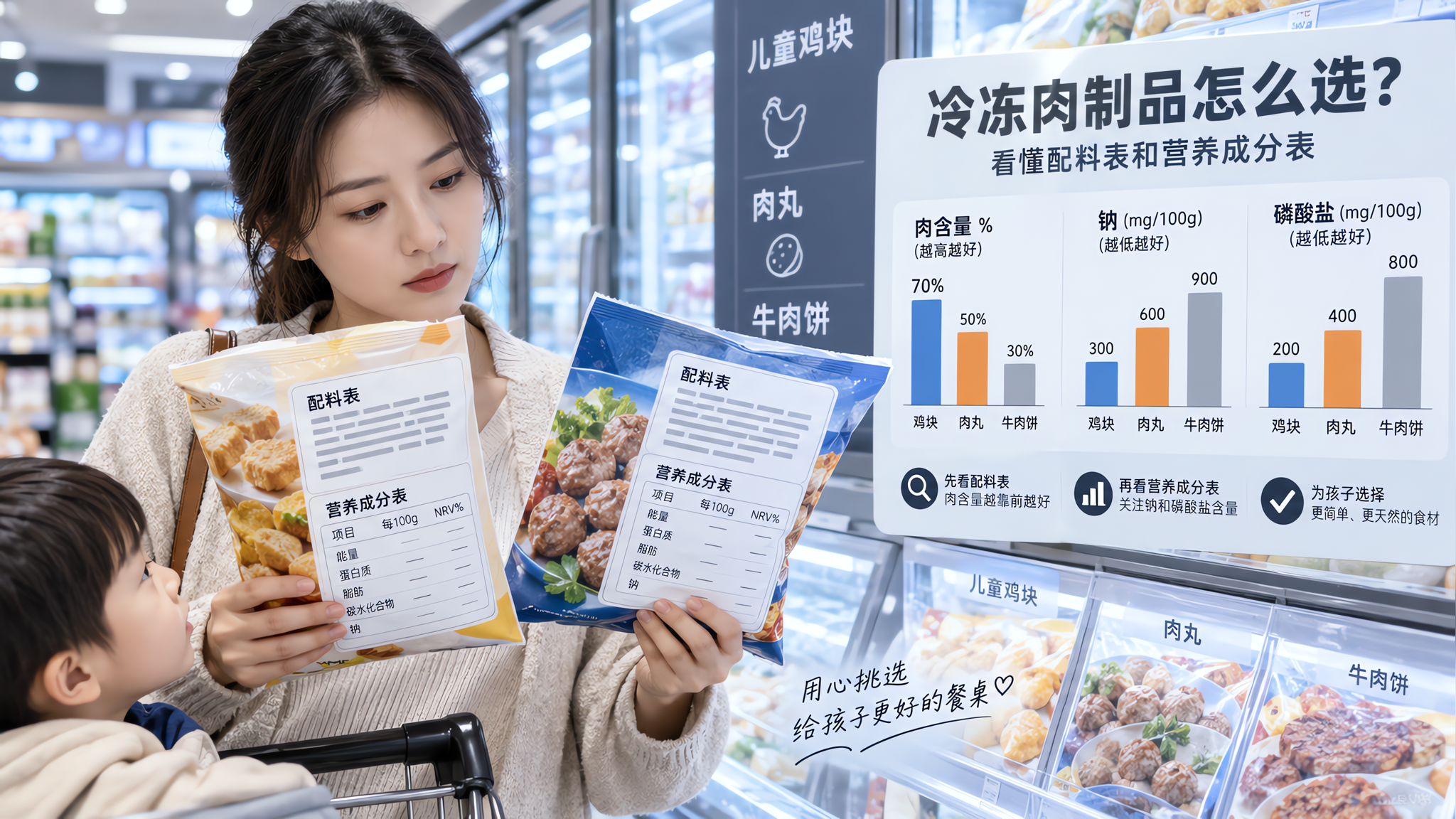 买儿童鸡块肉丸先看3行字：肉含量、钠、磷酸盐
