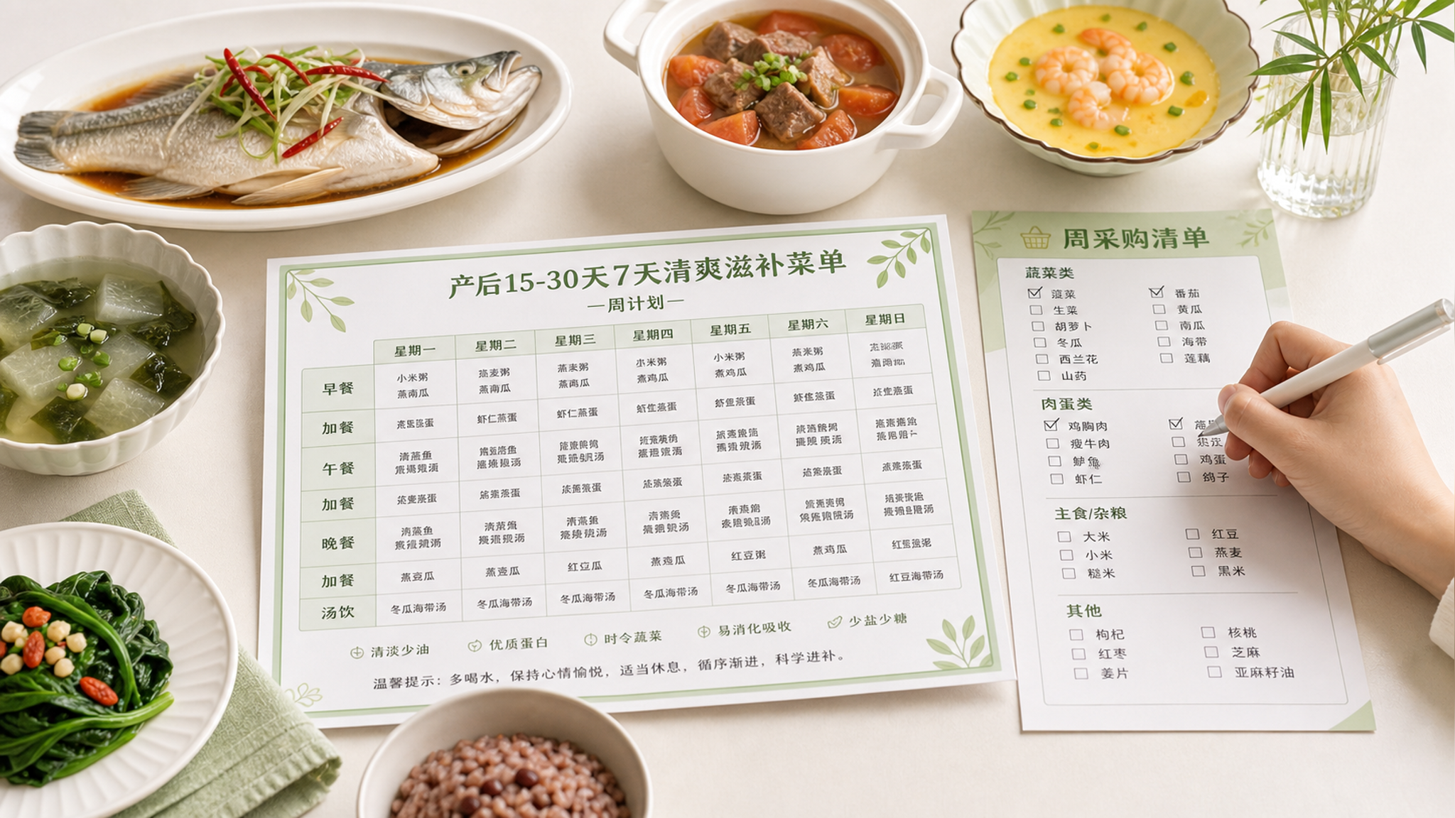 产后15–30天别硬喝浓汤：7天清爽三补期菜单